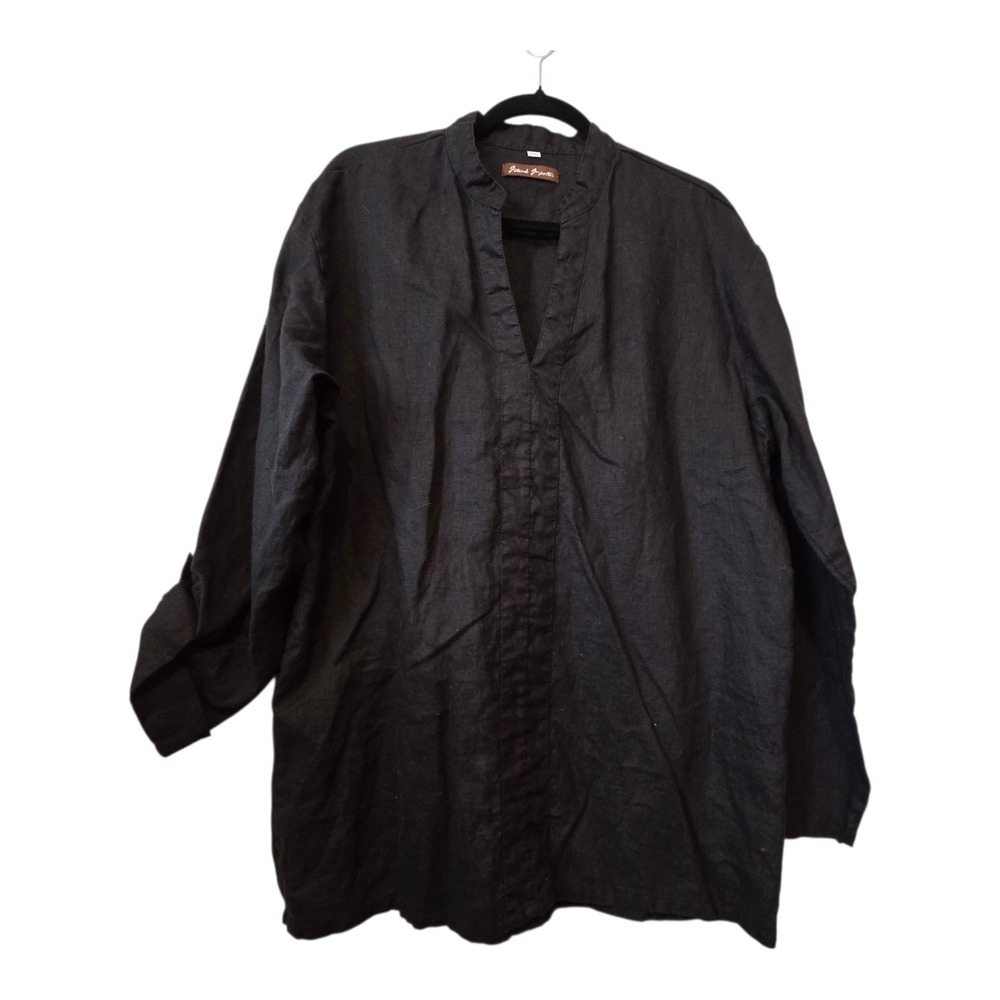 Island Importer 100% Linen Tunic Women XL Black Shirt Top Roll Tab Sleeve Cruise